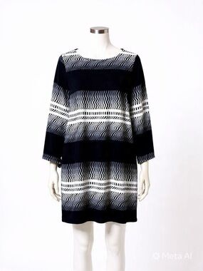 Emma & Michele Black and White Wave-Stripe Shift Dress